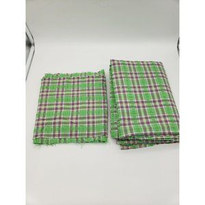 Vtg Green & Pink Plaid Seersucker Fabric 62" wide x 87" long & 2 strips 9" x 68"
